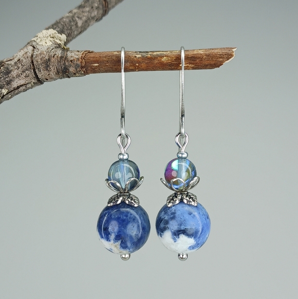 HAND CRAFTED Sodalite Blue Glass Silver Dangle Earrings - Picture 2 of 5